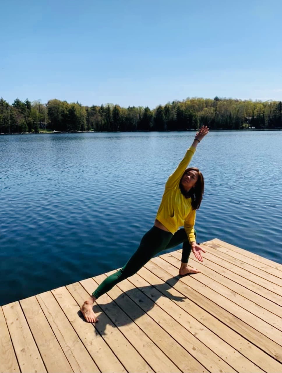 The Cedars cottage from the lake, A-frame with deck and forest behind